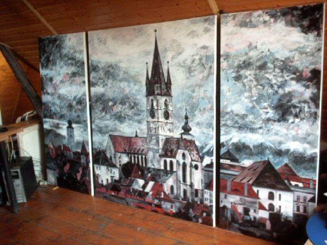 Sibiu tablou peisaj triptic acrilic panza Crina Oprean