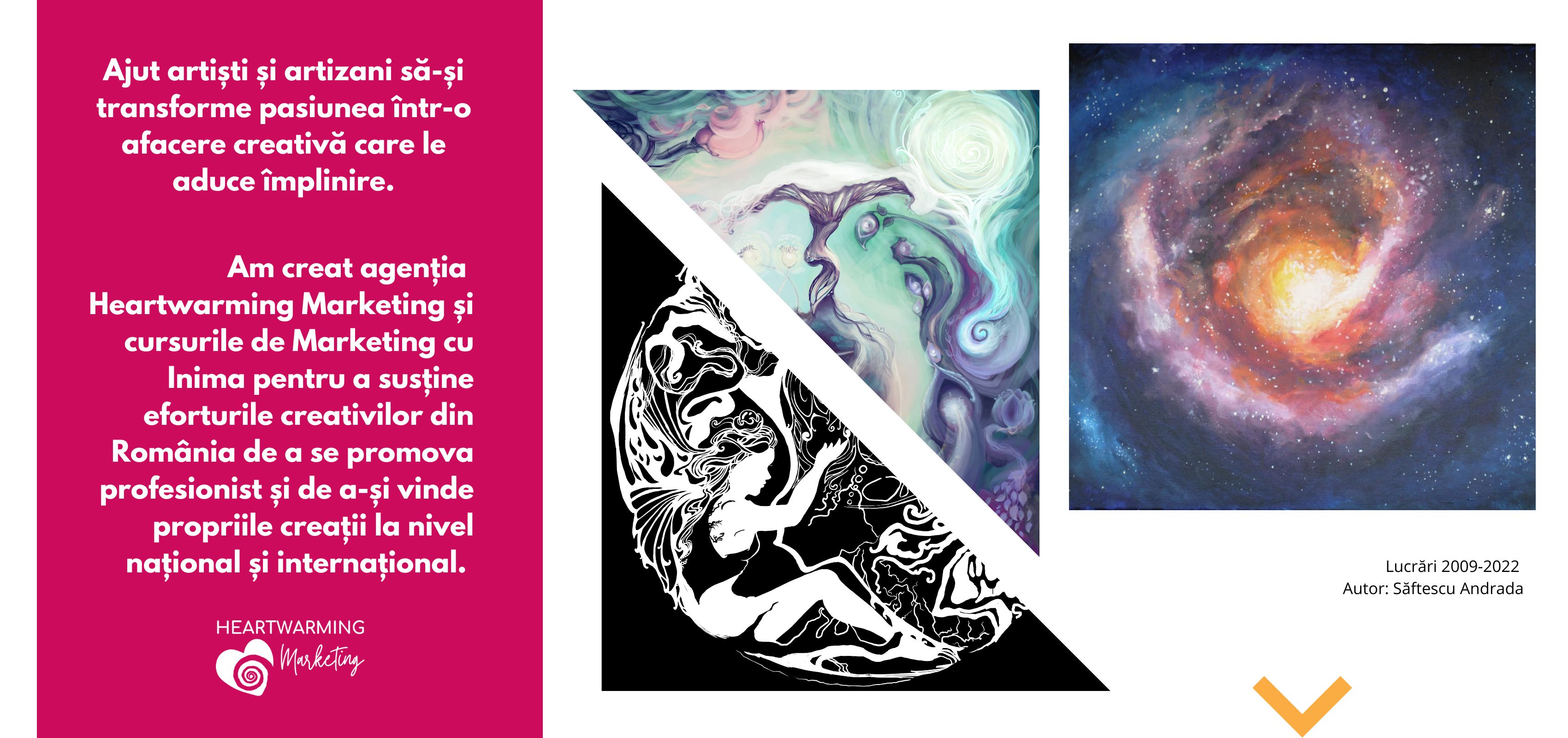 Am creat Agenția Heartwarming Marketing și cursurile de Marketing cu Inima pentru a susține eforturile creativilor din România, de a se promova profesionist și de a-și vinde propriile creații la nivel național și international. Cursuri de marketing cu inima pentru creativi, artisti, artizani, ilustratori, fotografi. 