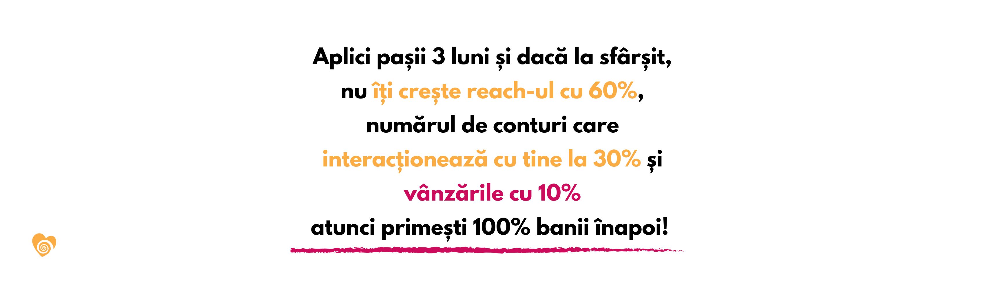 Aplici pașii 3 luni și dacă la sfârșit, nu îți crește reach-ul cu 60%, numărul de conturi care interacționează cu tine la 30% și vânzările cu 10%
atunci primești 100% banii înapoi! 