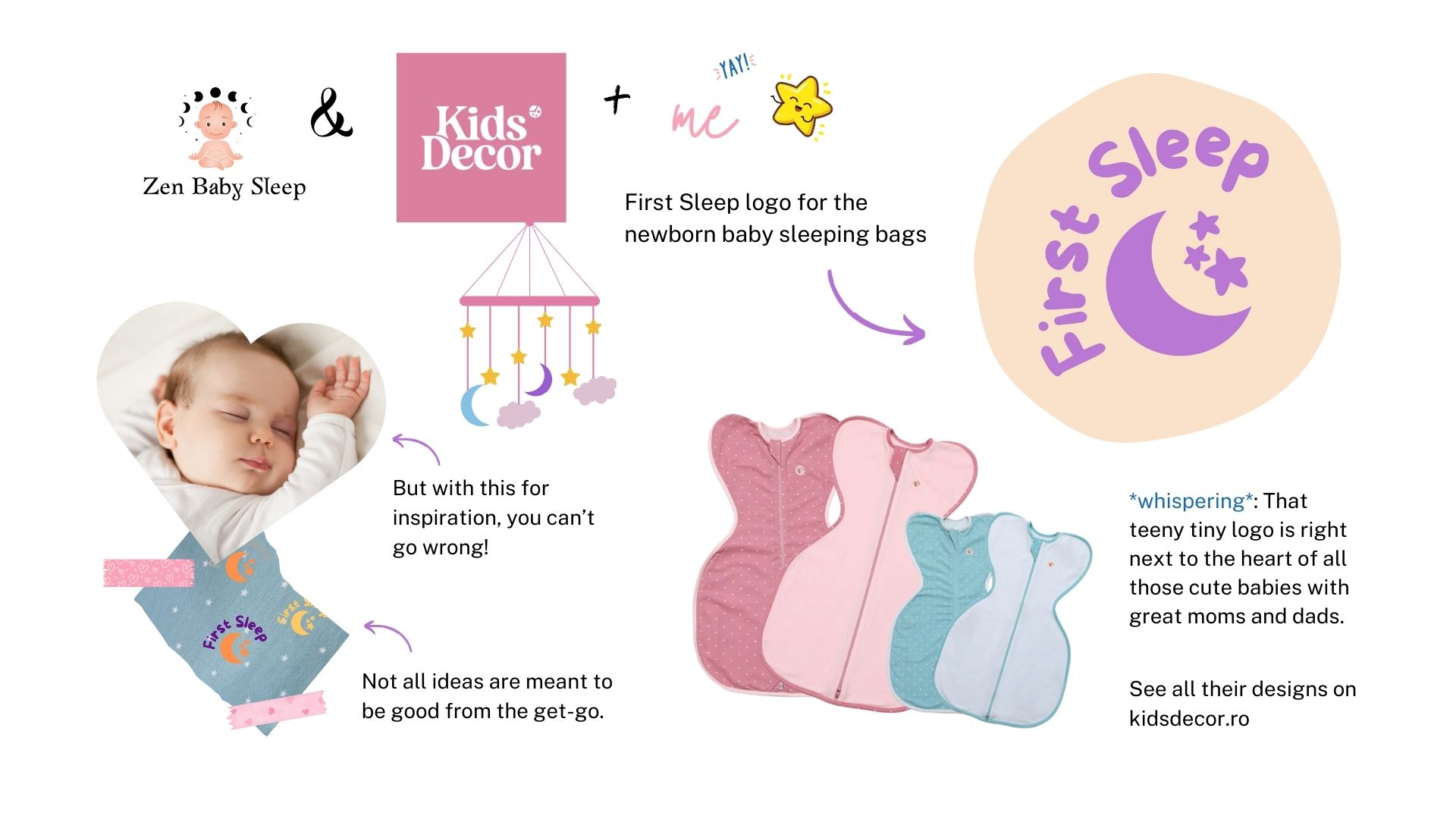 Branding visual identity made by Andrada Saftescu for newborn sleeping bags created by Kids Decor and Zen Baby Sleep
