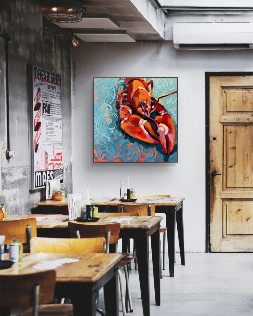 Clawstopher_Mockup_rac-rosu_fundal_albastru_texturat__pictura_moderna_impresionista_crafticana_silvana_manoliu_mockup in camera cum se vede tabloul