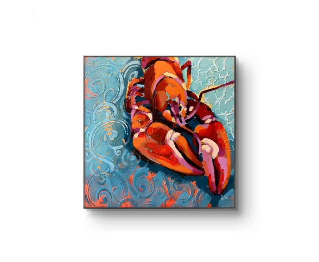 Clawstopher_Mockup_rac-rosu_fundal_albastru_texturat__pictura_moderna_impresionista_crafticana_silvana_manoliu tablou de pus pe perete