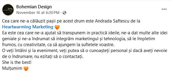 feedback despre Andrada Saftescu Heartwarming Marketing de la Monika Tibori creatoarea de la Bohemian design Sibiu si rorock