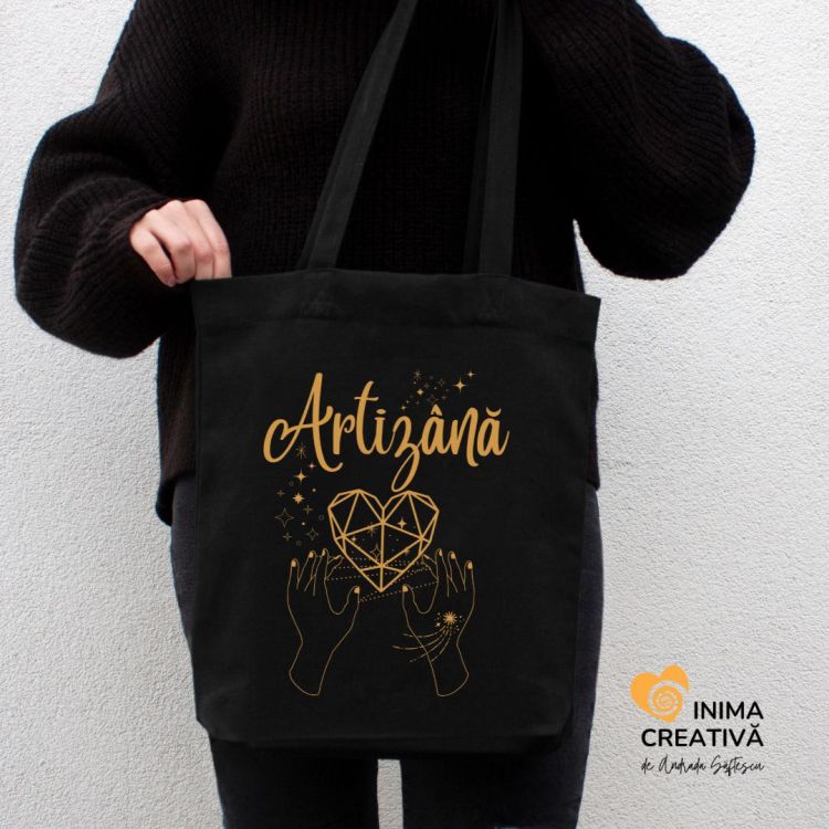 artizana auriu tote plasa textila traista negru colectia inima creativa andrada saftescu