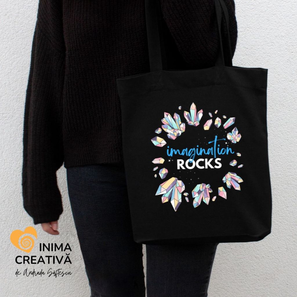 imagination rocks tote bag plasa textila neagra colectia inima creativa andrada saftescu