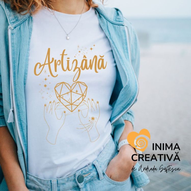 tricou artizana alb auriu inima creativa colectie 2024 andrada saftescu autor