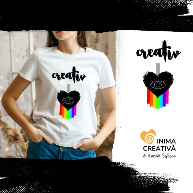 tricou creativ, alb, dama, nou, colectia inima creativa de andrada saftescu