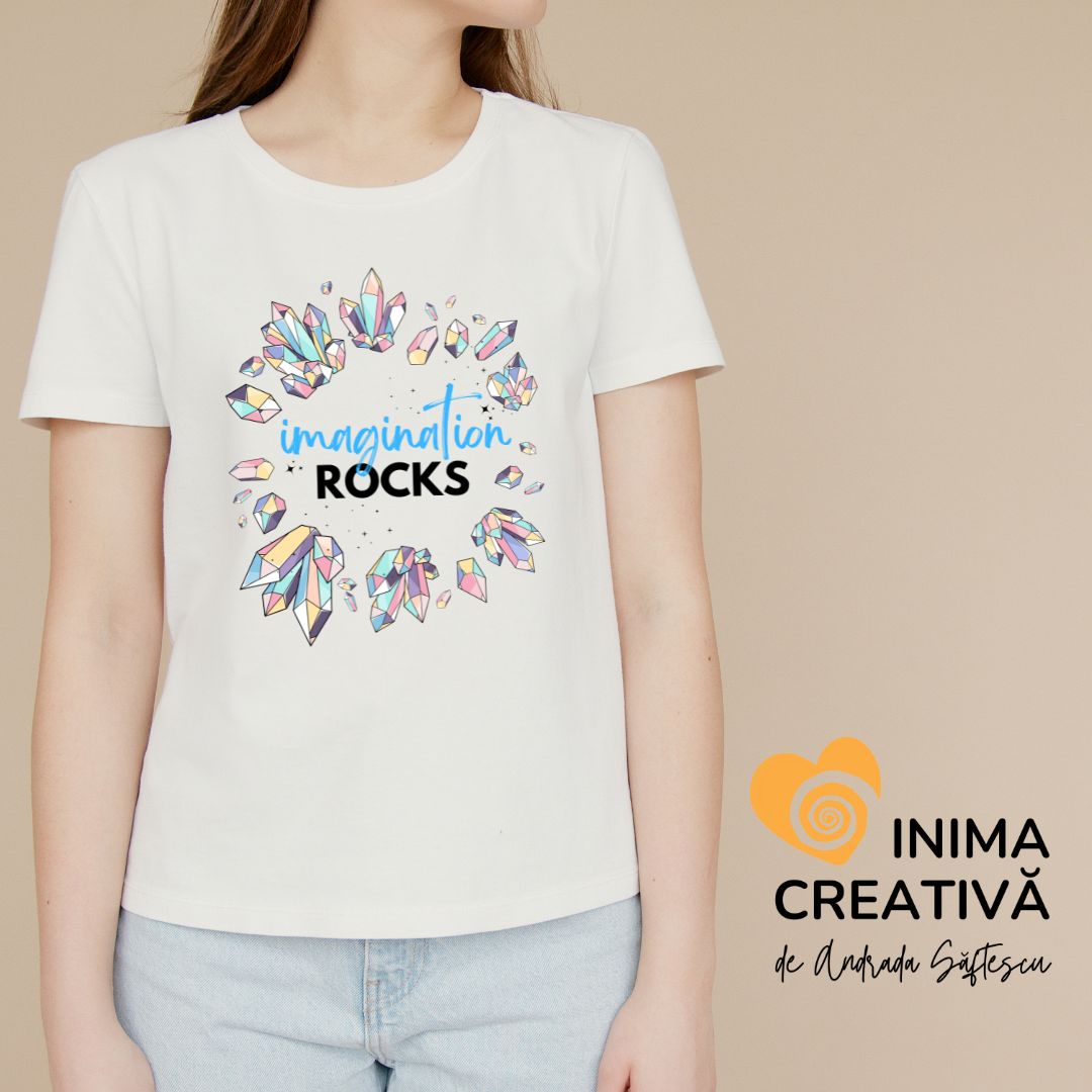 tricou alb imagination rocks colectia inima creativa andrada saftescu